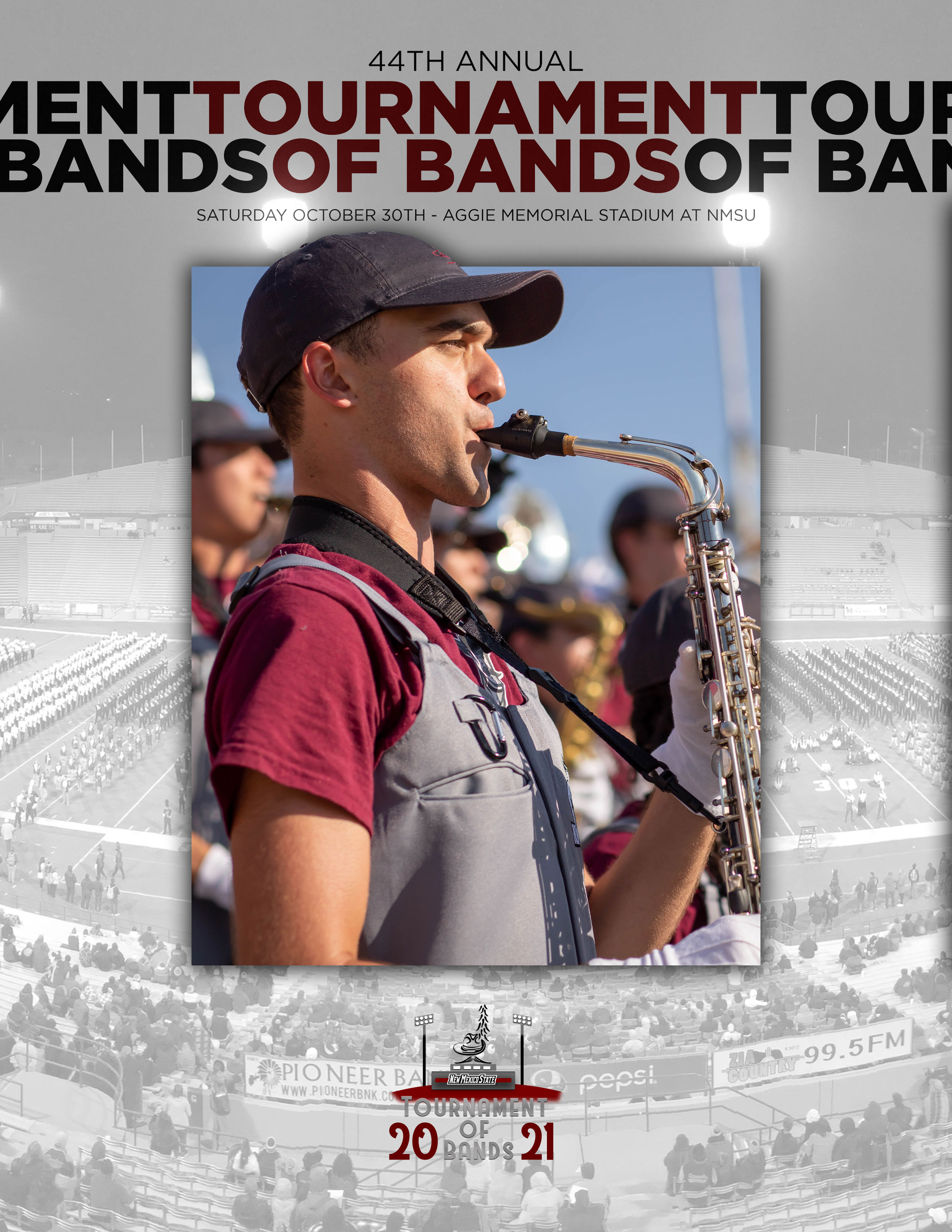 Male Pride of New Mexico Student Plays the saxaphone. Words across the top read "44th annual tournament of bands". 