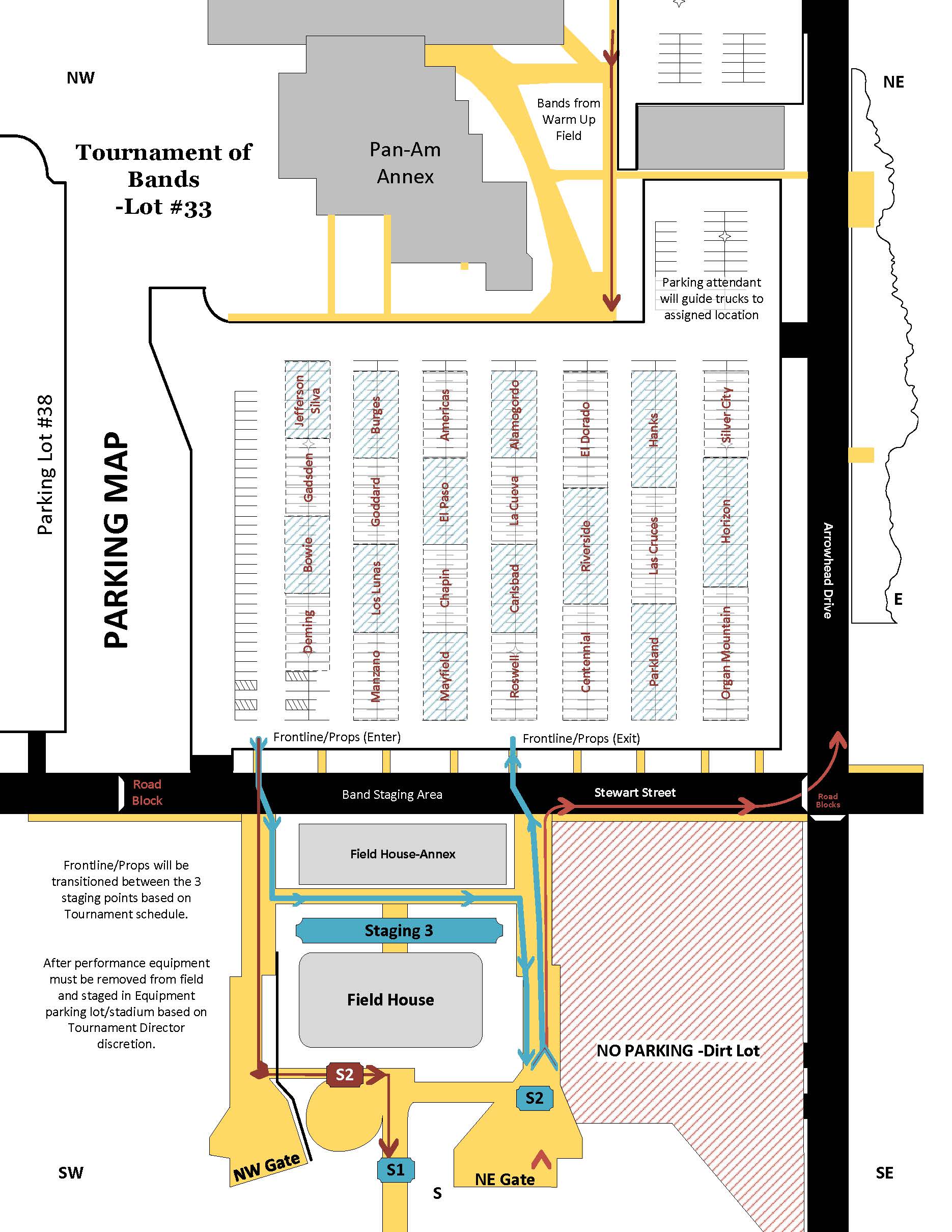 Parking Map outlining where equipment trucks can anticipate parking for the 2024 Tournament of Bands. 