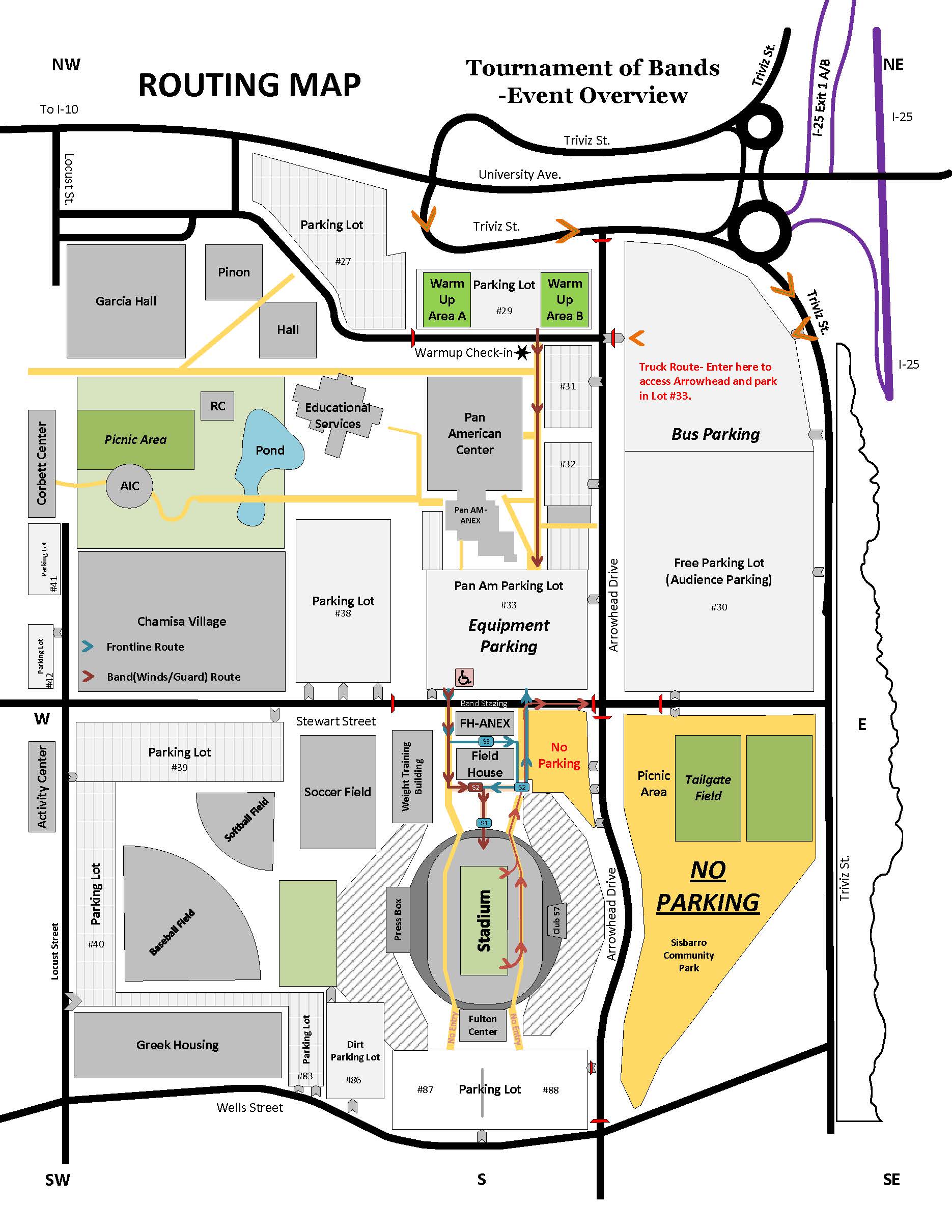 Routing map of the Pan American and Aggie Memorial Stadium for the 2024 Tournament of Bands